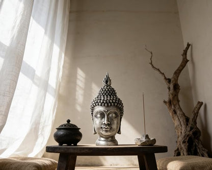 Buddha Head Statue Zen Meditation Decoration, 11 inch Resin Antique Silver Buddha Head Statue for Buddhist Spiritual Altar Decoration Buddhism Gifts