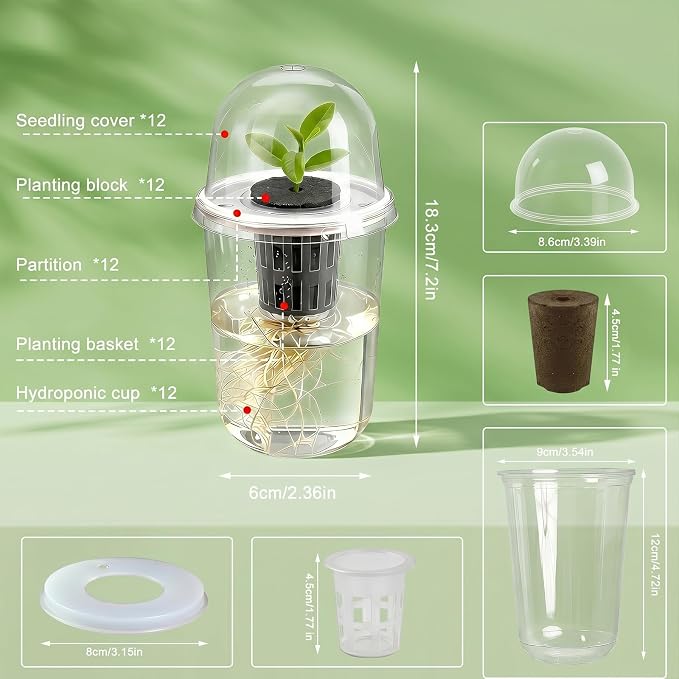 12 Pack 5in1 Seed Starter Cup Kit With Dome,Propagation Cups Self Watering, Table Top Mini Greenhouse Hydroponics Growing System Kit,Plant Lover Gardening Essentials,Indoor Herb Garden,Root Monitoring