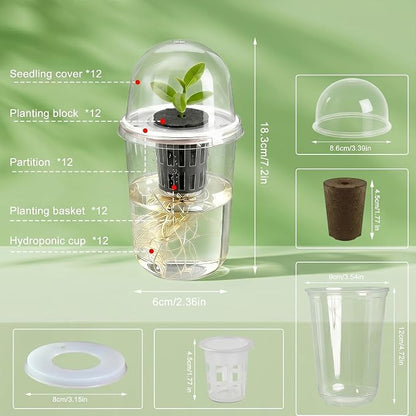 12 Pack 5in1 Seed Starter Cup Kit With Dome,Propagation Cups Self Watering, Table Top Mini Greenhouse Hydroponics Growing System Kit,Plant Lover Gardening Essentials,Indoor Herb Garden,Root Monitoring