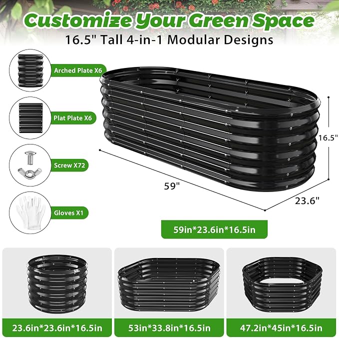 YSEJOMP 17" Tall Oval-Shaped/Elliptic Metal Raised Garden Bed Outdoor Black | 60X24X17 Inch,1.5 FT Tall,0.8MM Thick Galvanized Metal Painted,for Variety of Flowers,Herbs,Vegetables.with Gloves,Tool free