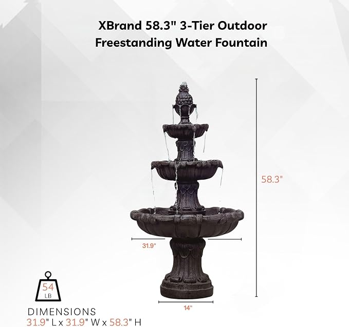 XBrand 58.3" 3-Tier Outdoor Freestanding Water Fountain - Classic Leaf Design, Brown Resin, Large Bird Bath with Pump - Ideal for Yard, Lawn and Garden, Porch Décor