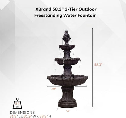 XBrand 58.3" 3-Tier Outdoor Freestanding Water Fountain - Classic Leaf Design, Brown Resin, Large Bird Bath with Pump - Ideal for Yard, Lawn and Garden, Porch Décor