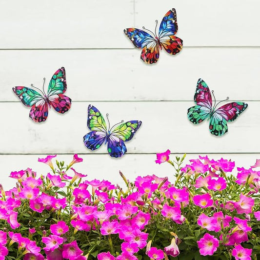 dreamskip 4 Pcs Metal Butterfly Wall Decor Art, Colorful Butterflies Outdoor Wall Art, Hand Craft Outdoor Garden Decor For Fence, Patio, Yard Decoration