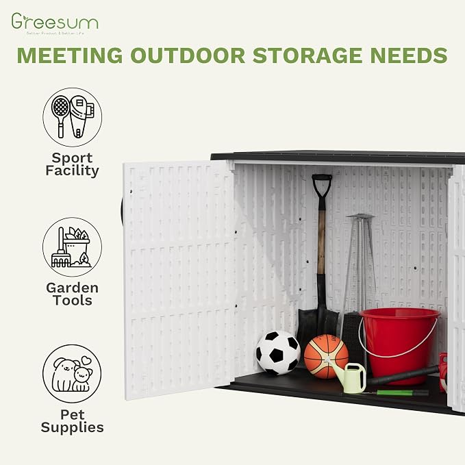 Greesum Outdoor Storage Cabinet, 26 CUFT Deck Box Without Shelves, Waterproof Plastic Storage Shed for Patio Cushions, Gardening Tools, Sidehandles and Lockable, UV Resistant, White