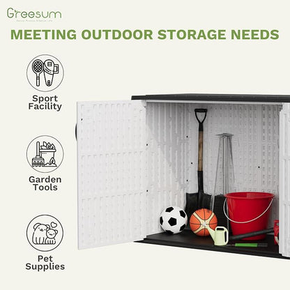 Greesum Outdoor Storage Cabinet, 26 CUFT Deck Box Without Shelves, Waterproof Plastic Storage Shed for Patio Cushions, Gardening Tools, Sidehandles and Lockable, UV Resistant, White