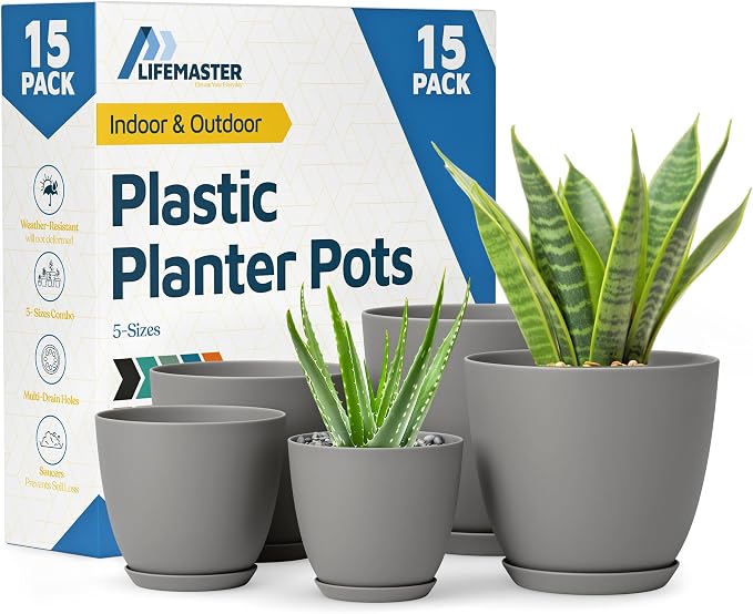 Gray Plant Pots with Drainage Holes & Saucers 15 Pack, Indoor & Outdoor Stackable Space-Saving Planters for Houseplants & Flowers, (7", 6.7", 6", 5.3", and 4.8" Inches), Durable & Weatherproof