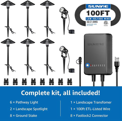 SUNVIE All-in-One LED Low Voltage Landscape Lighting Kit 6 Pathway Lights 2 Spotlights with 60W Photocell Transformer 100FT Wire for Path&Garden, Aluminum, ETL Listed, Dusk to Dawn, Waterproof, 3000K