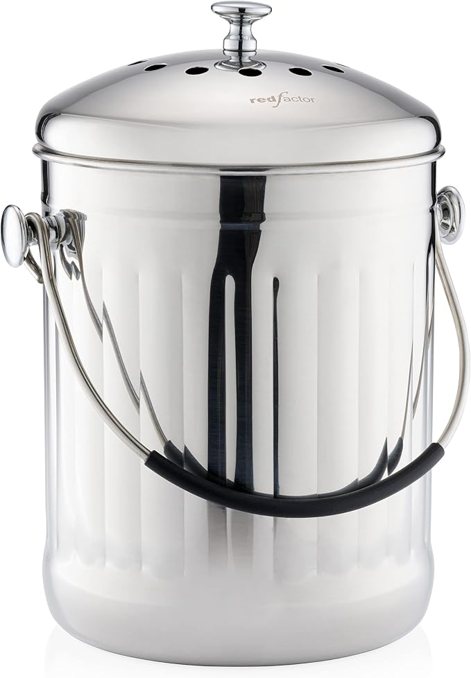 RED FACTOR Premium Compost Bin for Kitchen Countertop - Stainless Steel Food Waste Bucket with Innovative Dual Filter Technology - Includes Spare Filters (Brilliant Steel, 1.3 Gallon)