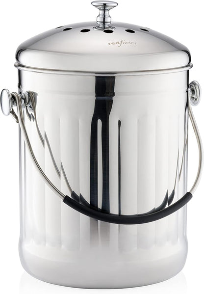 RED FACTOR Premium Compost Bin for Kitchen Countertop - Stainless Steel Food Waste Bucket with Innovative Dual Filter Technology - Includes Spare Filters (Brilliant Steel, 1.3 Gallon)