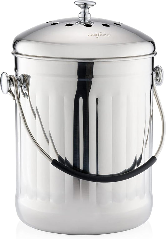 RED FACTOR Premium Compost Bin for Kitchen Countertop - Stainless Steel Food Waste Bucket with Innovative Dual Filter Technology - Includes Spare Filters (Brilliant Steel, 1.3 Gallon)