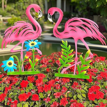 2 Pack Pink Flamingo Garden Statue - 20.5 inch Hand Flamingo Painted Metal Patio Art, Outdoor Decorative Stake Flamingo Statue for Lawn, Patio, Porch and Backyard, Gifts for Ladies (A Style 2 Pack)