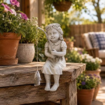 Goodeco Fishergirl Statue Garden Decor - 11" Little Fishing Guy for Koi Pond or Waterfalls, Poolside Statue with Glow in Dark Pebbles Included, Great Gifts for Mom, Women or Birthdays, Gift Ideas
