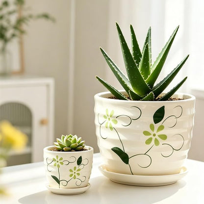 Vintage Flower Pots for Indoor Plant, Round Ceramic Plant Pots with Drainage Holes and Saucers, 6.7/5.2/3.9 Inches Retro Flower Planters Set of 3