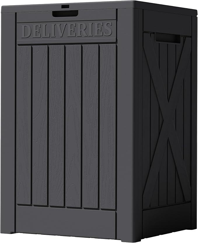 Greesum 48 Gallon Outdoor Package Delivery Box with Lock, Waterproof Secure Parcel Drop Box for Porch, Double-Wall Resin Storage, Black
