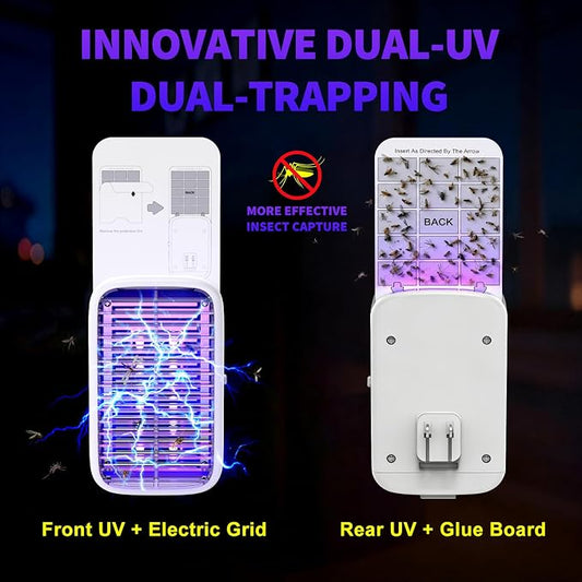 Upgraded Fruit Fly Traps for Indoors, Flying Insect Trap for Fruit Flies, Gnats, Plug in Bug Zapper Indoor with Dual-UV Lights & Trapping, Electric Grid & Glue Traps(1 Device & 3 Glue Boards)