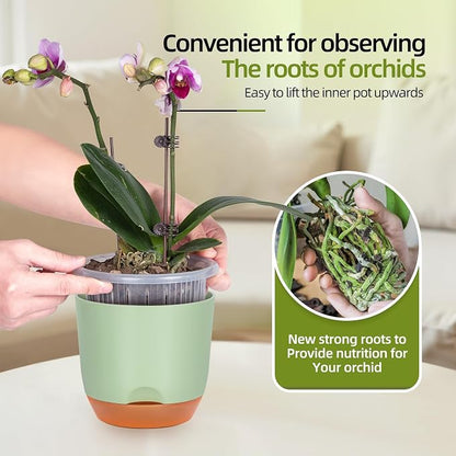 QCQHDU 7.2Inch Orchid Pots with Holes for Repotting, Double-Layer Plastic Self Watering Flower Pots for Indoor Plants with Drainage Holes, Clear Orchid Pot Match Decorative Orchid Container, 5 Packs