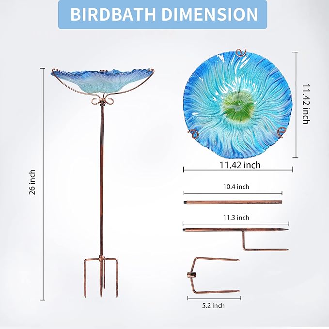 MUMTOP 26 Inch Height Glass Birdbath Birdfeeder with Metal Stake Garden Outdoor Blue