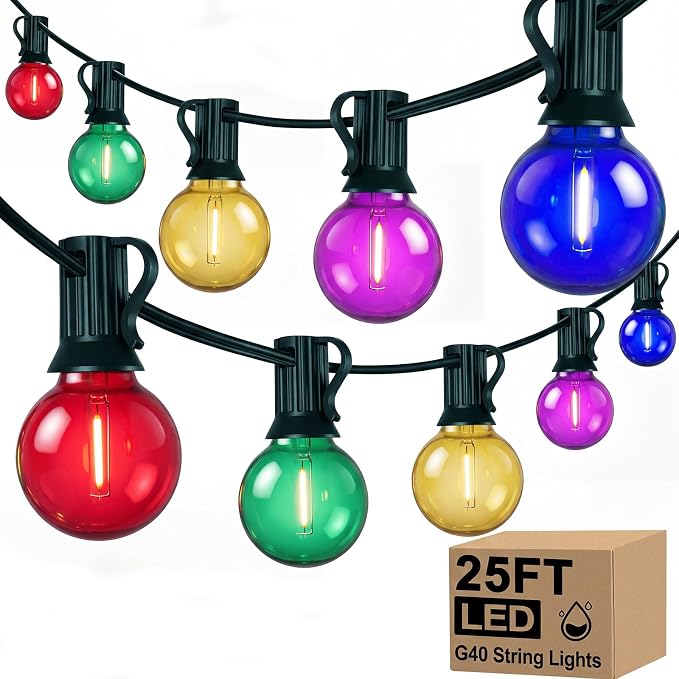 G40 LED Outdoor Christmas String Lights, 25FT Hanging Globe String Light | 25+2 Shatterproof Clear Multicolor Lights, Connectable, Waterproof Patio Lights for Balcony Pergola Decor, Green Wire
