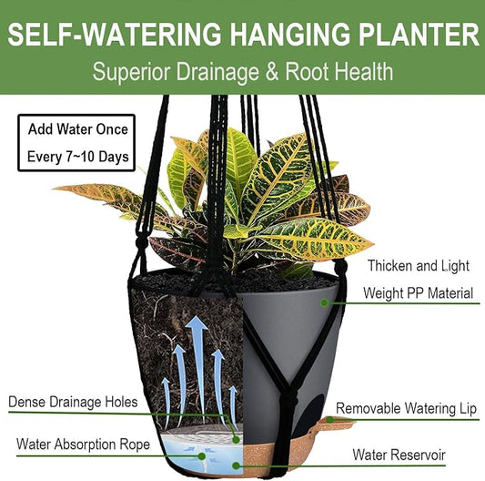 Bouqlife 3 Pack Self Watering Hanging Planters Macrame Plant Hangers with Indoor Flower Pots, 3 Different Size Hanging Basket, Plant Hanger with Hooks for Garden Home Decor Black