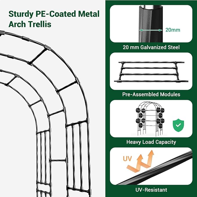 Miory Garden Arch Trellis for Climbing Plants Outdoor, 3.9x7.9ft Steel with PE Coating, Garden Archway for Vegetable, Vines, Wedding Arbor (Black)