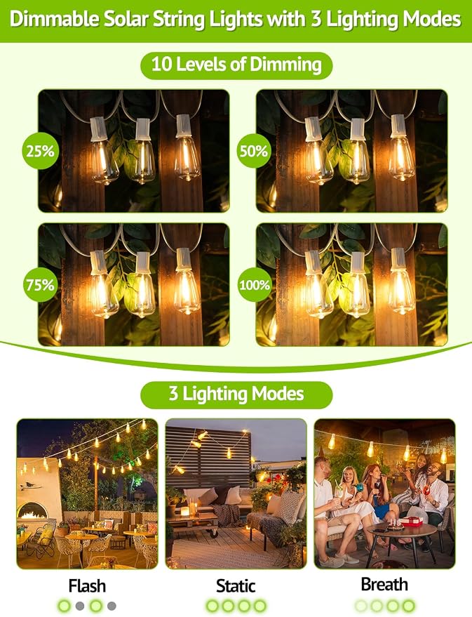 Larkvue 96FT(2x48FT) Solar Outdoor String Lights with Remote & Timer, Waterproof Dimmable Patio Lights with 30+2 ST38 LED Bulbs for Garden Deck-White