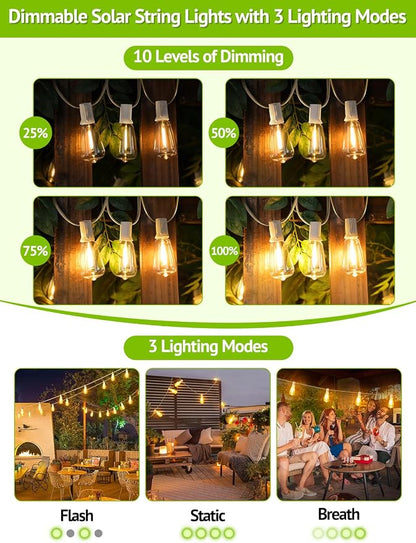 Larkvue 96FT(2x48FT) Solar Outdoor String Lights with Remote & Timer, Waterproof Dimmable Patio Lights with 30+2 ST38 LED Bulbs for Garden Deck-White