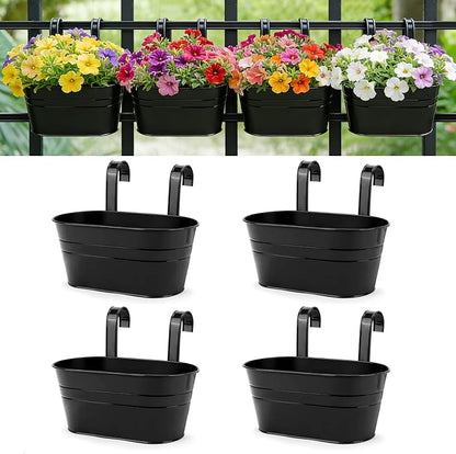 RIOGOO Flower Pots Metal Iron Hanging Flower Pots Garden Pots Balcony Planters Metal Bucket Flower Holder Wall Hanging Decorative Pot - Removable Hook (4 Pieces) (Black)