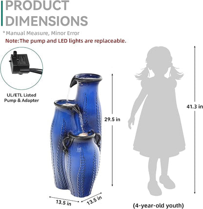 29.5" H Ceramic Outdoor Water Fountain with LED Lights, 3-Tier Vase Cascading Water Feature, Cobalt Blue with Embossed Leaf Patterns, Tranquil Waterfall for Garden, Patio, Yard, or Porch