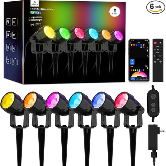APPECK Landscape Lighting, RGBW Low Voltage Landscape Lights with APP Control, IP65 Waterproof Outdoor Spot Lights, Color Changing Spotlights for Yard, Garden,Trees, Patio & Holiday Decor, 6 Pack