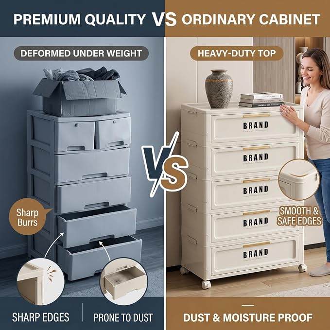 Foldable Storage Cabinet with Doors & Locking Wheels, 5-Tier Large-Capacity Organizer, No-Tool Setup, Impact-Resistant ABS Construction for Dorm, Pantry, Laundry, and Living Spaces