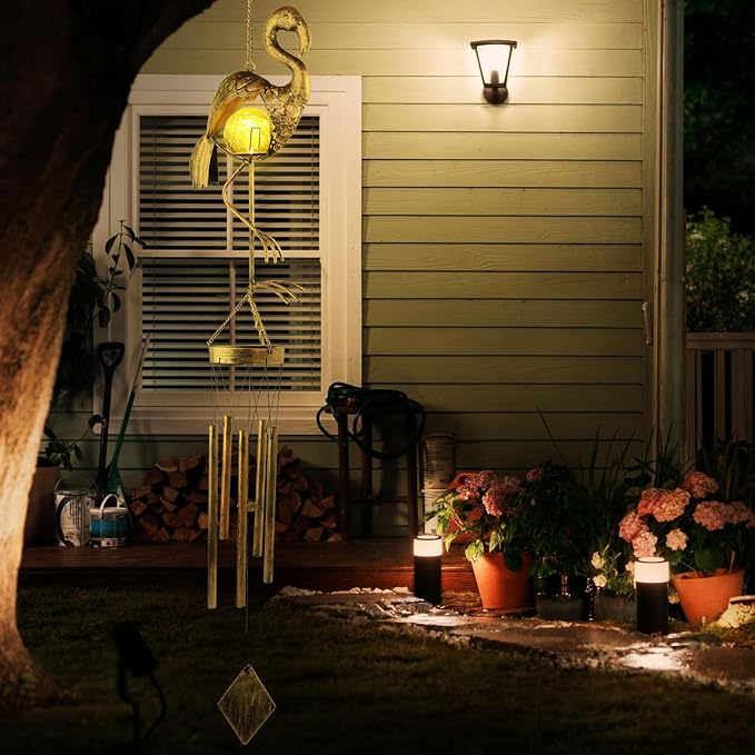 Flamingo Solar Wind Chimes for Outside Gifts for Women Mom Grandma Sister Crackle Glass Ball Flamingo Wind Chimes Solar Lights Outdoor Decor for Garden Backyard Patio Yard Porch, Birthday Gifts