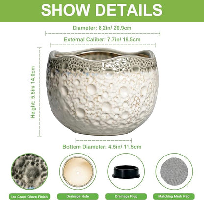 Ceramic Flower Pots - 8 Inch Plant Pots for Indoor Outdoor, Unique Round Planter with Drainage Hole and Plug, Decorative Ceramic Planter, Room Decor, House Warming Gifts, Beige-Grey
