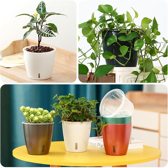 Self-Watering Pots for Indoor Plants, 16-Pack Self Watering Planter with Drainage Holes, Small African Violet Pots with Water Indicator, 10-Pack 5''/6-Pack 6.7'' Orchid Pot, Black