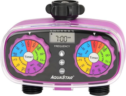 AQUASTAR Two-Zone Hose Watering Timer (Purple), Automatic Irrigation for Lawn, Garden, Yard, Two Outlets