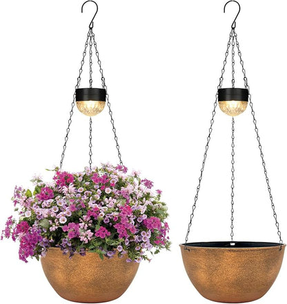 BAYN 2 Packs Solar Hanging Basket Planters for Plants Outdoor | Self Watering, Bronze Flower Pots with Solar Light , Hanging Planters with Drainer for Balcony Patio Garden Decoration