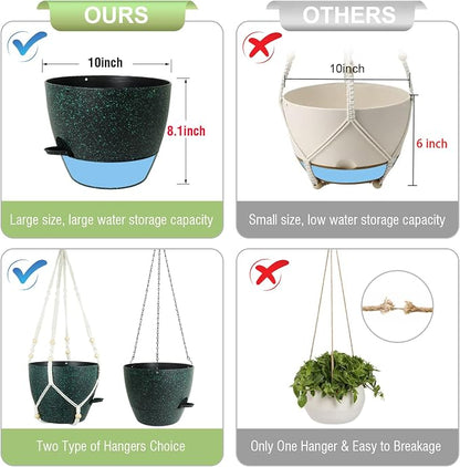 Meowell 10 inch Self Watering Hanging Planters, 2 Pack Hanging Flower Pots for Indoor Outdoor Plants, Hanging Baskets with Drainage Holes & 2 Kinds of Plant Hangers for Home Decor, Speckled Black
