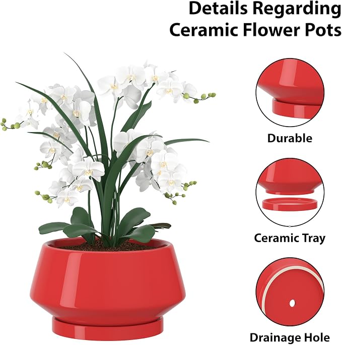8.3 Inch Red Ceramic Planter with Drainage Hole and Saucer | Ideal for Indoor and Outdoor Plants, Modern Home Decor, Round, Gloss Red