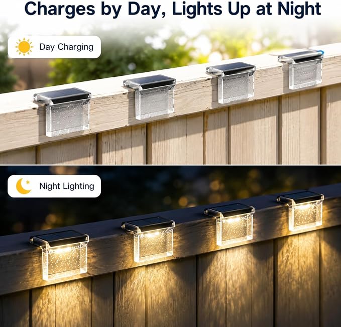 Qualdout Solar Deck Lights 8 Pack, IP65 Waterproof Solar Step Lights Outdoor, Warm White Solar Fence Lights with Crystal Acrylic Lens, Dusk to Dawn LED Lights for Stairs, Railing, Patio, Pool, Yard