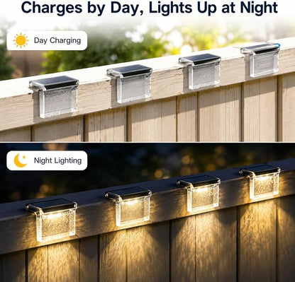 Qualdout Solar Deck Lights 8 Pack, IP65 Waterproof Solar Step Lights Outdoor, Warm White Solar Fence Lights with Crystal Acrylic Lens, Dusk to Dawn LED Lights for Stairs, Railing, Patio, Pool, Yard
