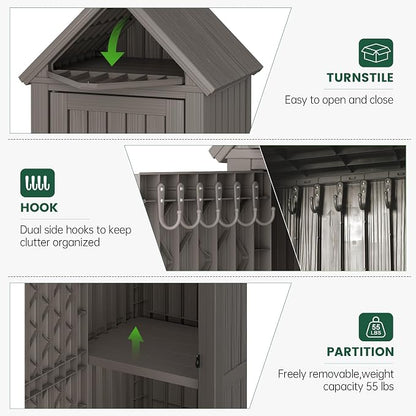 Bifanuo Deck Box Storage Shed Outdoor Storage Cabinet, Vertical Waterproof Resin Material Plastic Shed with Removable Shelves, 12 Hooks and Lock Ring for Garden, Pool and Patio (Grey)