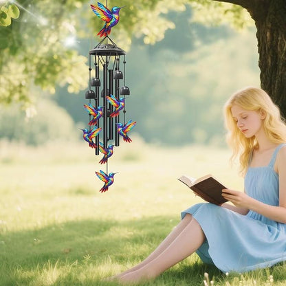 Hummingbird Wind Chimes for Outside, Black Metal Windchimes Outdoors, Hummingbirds Gifts for Women/Men, Garden/Yard Decor, Memorial/Birthday Gifts for Grandma/Mom, Durable Chimes for Outdoors
