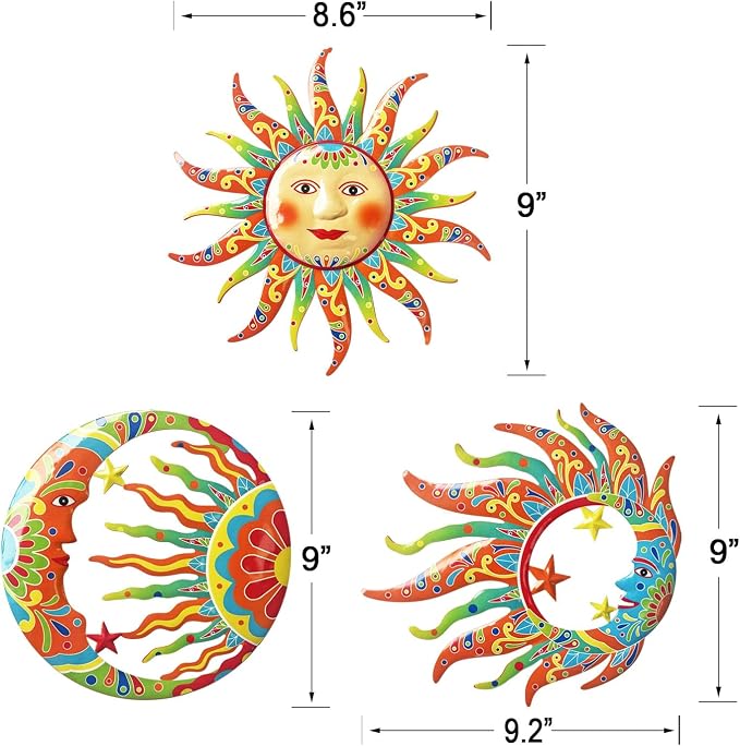 Limygus Vivid Sun Moon Sun Face Metal Wall Sculpture Set of 3, Indoor Outdoor Garden Fence Decor