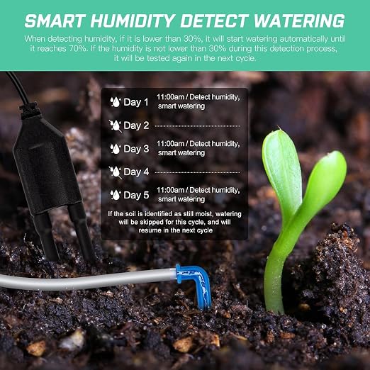 Automatic Plant Waterer Indoor Self Watering System for 15 Potted Plants, Auto Drip Irrigation Kit Programmable Water Timer with Smart Humidity Detection, Green