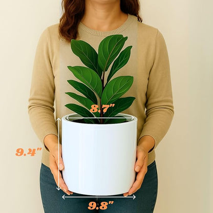 Fox & Fern Large Indoor Planter, Modern Large Plant Pot for Indoor or Outdoor, UV and Frost Resistant - 10 Inch, Glossy White Flower Pot with Drainage Plug, Lightweight