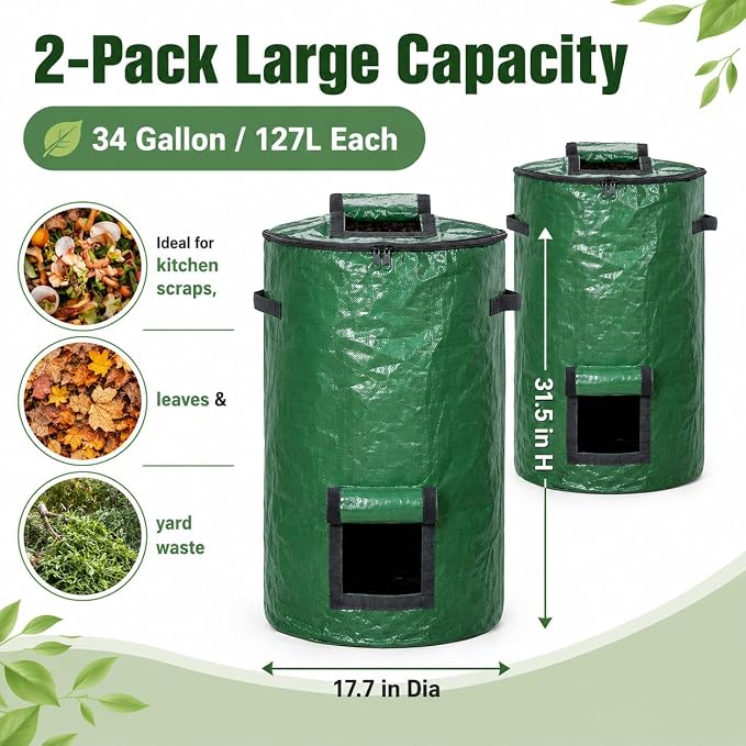 2PCS Compost Bin Outdoor with Window, 127L Garden Compost Bin Bags, Large Outdoor Collapsible Compost Bin, 34 Gallon Reusable Garden Yard Waste Bag for Yard Waste, Kitchen Scraps & Worm Compost