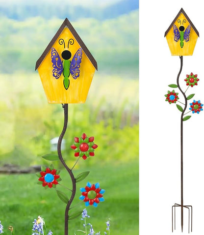51” Metal Bird Houses Stake for Outside Butterfly Design | Metal Wild Birdhouse, 5 Pronged Garden Stake Pole, Outdoor Decorations for Patio, Backyard, Garden