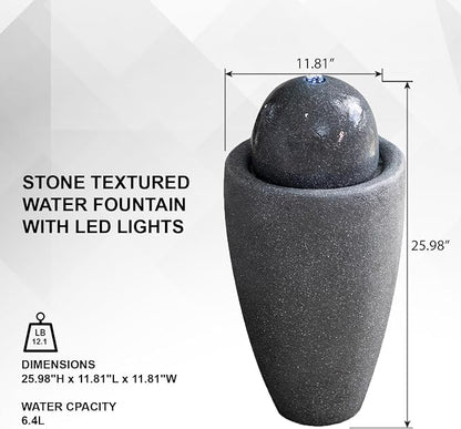 XBrand 26" Modern Sphere Water Fountain with LED Light – Indoor Outdoor Stone Texture Floor Fountain, Zen Bubbling Ball Water Feature for Garden Patio Porch - Gray