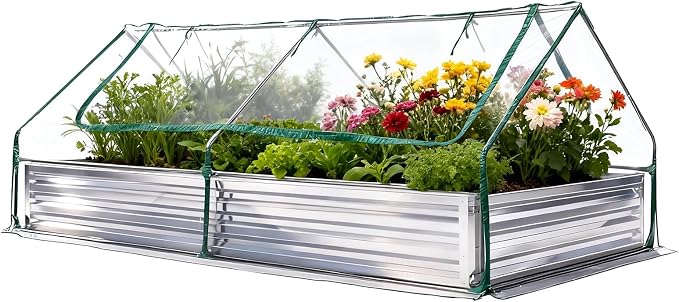 NEWBULIG Galvanized Raised Garden Bed with Cover, 8x4x1ft Metal Planter Box Outdoor, Rectangular Raised Garden Planter Small Greenhouse for Vegetables Flowers Herbs, Open Bottom, Clear