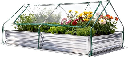 NEWBULIG Galvanized Raised Garden Bed with Cover, 8x4x1ft Metal Planter Box Outdoor, Rectangular Raised Garden Planter Small Greenhouse for Vegetables Flowers Herbs, Open Bottom, Clear