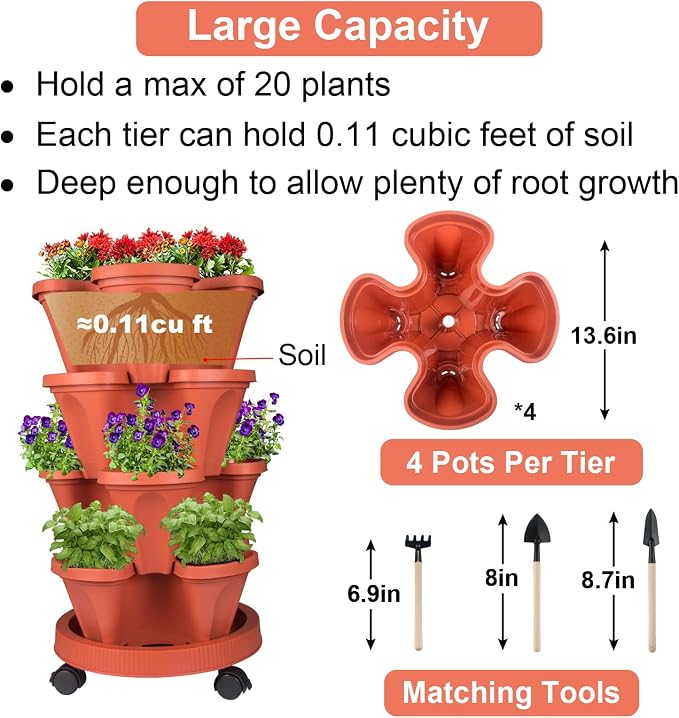GameXcel Vertical Planter Tower - 4 Tier Stackable Garden Planters with Wheels and Tools Plant Pots for Strawberry Herb Flower and Vegetable Indoor Outdoor Use Red